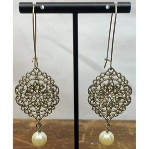 Filigree Pearl Drop Earrings 3.5" Vintage Style Gold Tone Dangle